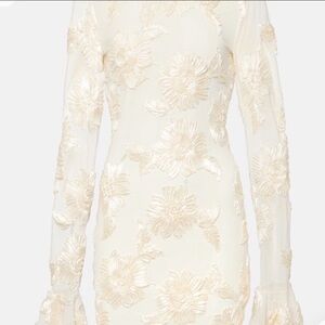 Romantic Ivory Lace Mini Dress with Floral Embroidery